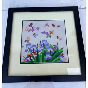 Suzhou Pure Silk Thread Embroidery Butterfly Garden Handmade Art Framed Sz 13x13